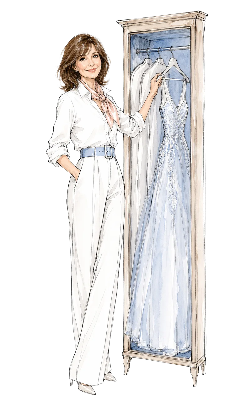 Illustrated portrait of Soizic Le Gac reviewing a Haute Couture wardrobe · fashion croquis