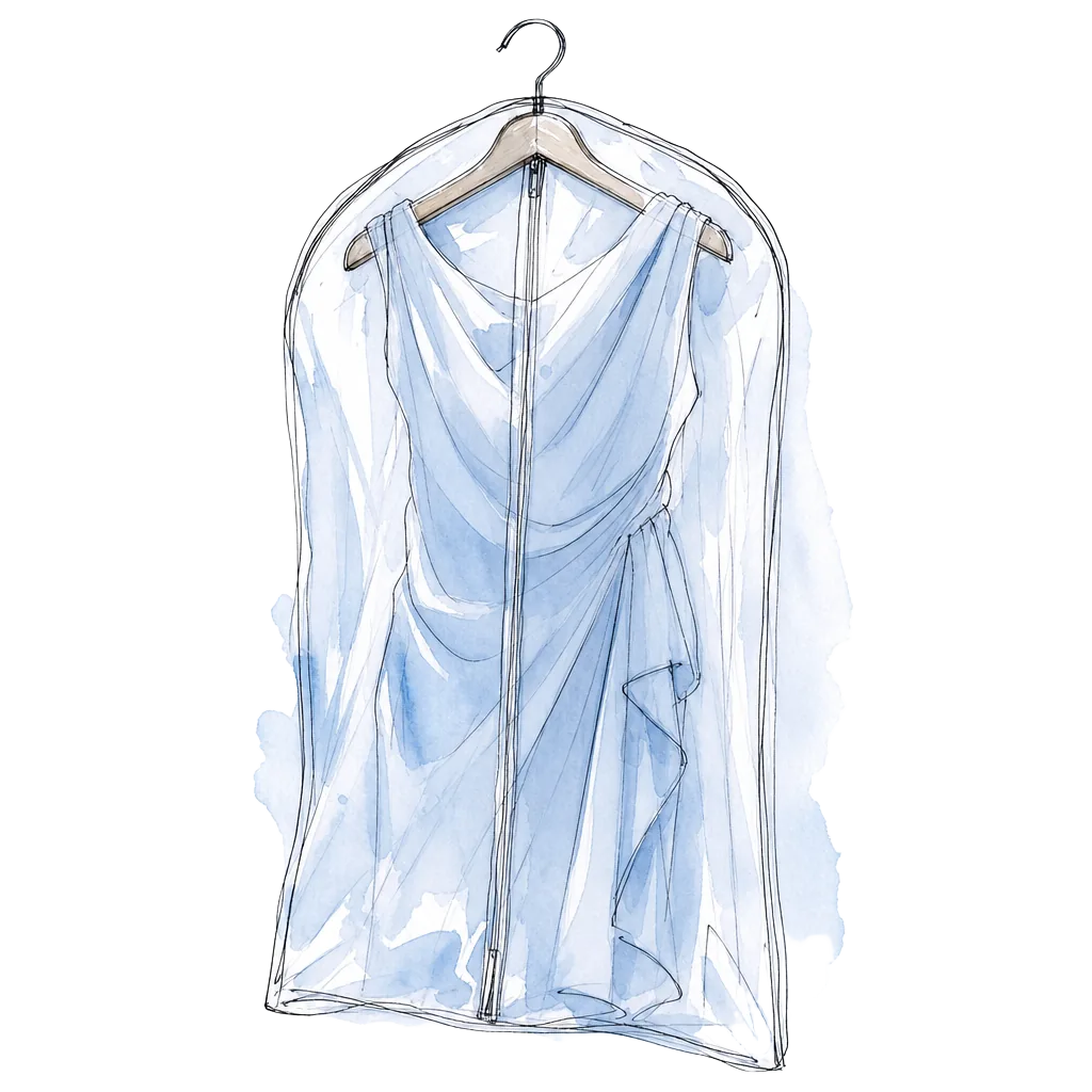 Hand-drawn illustration of a couture garment on a hanger with a garment bag