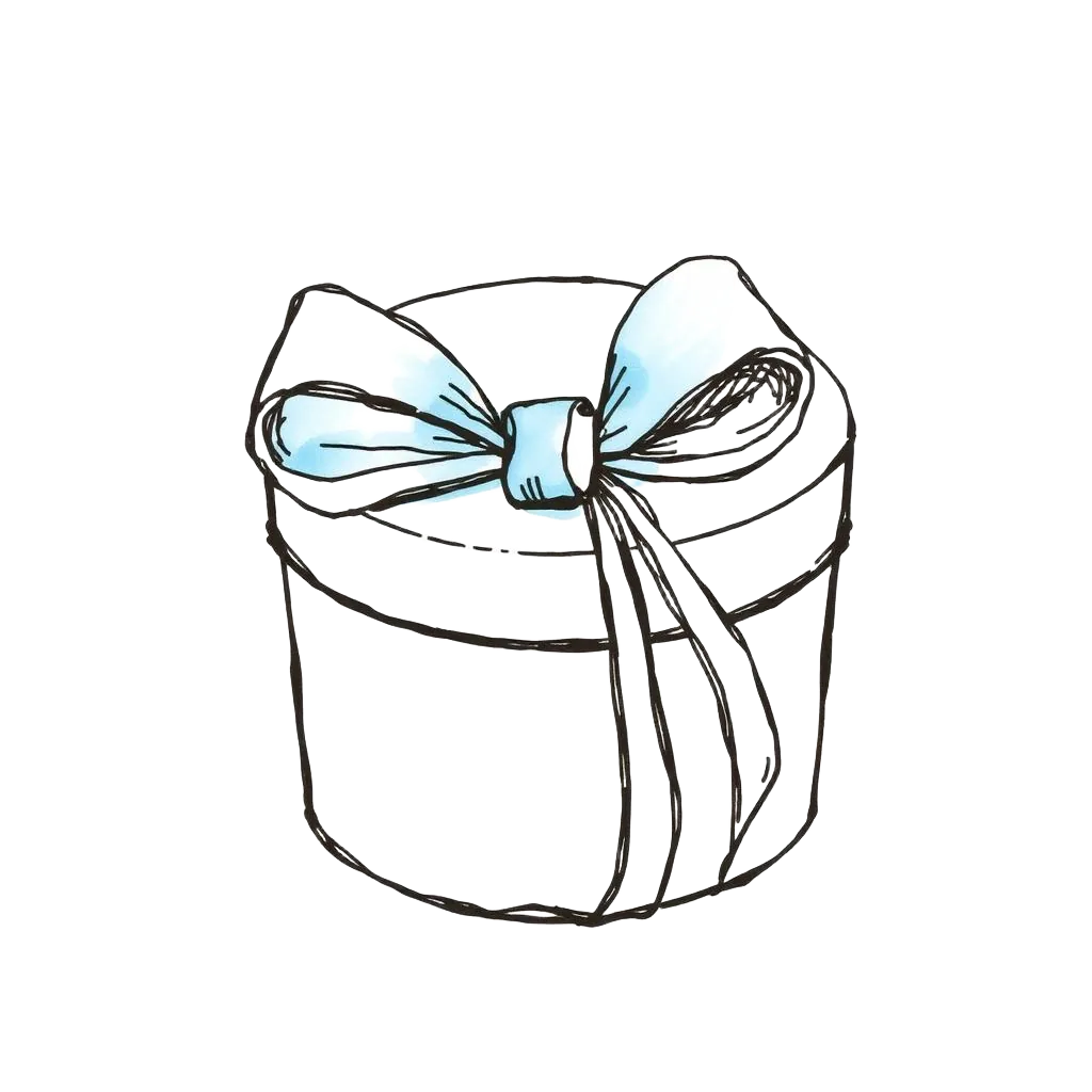 Hand-drawn illustration of a hat box tied with a ribbon